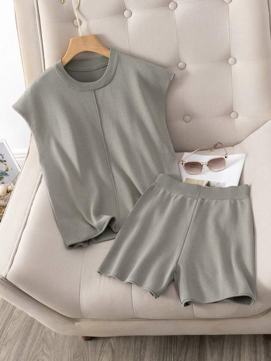 夏季两件套女士无袖套装时尚针织短款 T 恤运动服 - 卡其色 - 查看 1