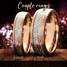 Modna i luksusowa obrączka ze stali nierdzewnej z jego i jej imitacją meteorytu i poroża jelenia Zestaw ślubny w kolorze różowego złota, obrączka z różowego złota Rocznica pamiątkowa obrączka