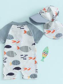 Trajes de baño para bebés de 0 a 5 años con protección contra erupciones y gorro de baño, estampado de peces de dibujos animados, de manga corta y con cremallera, ropa de playa - Gris Claro - Ver 3