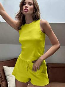 2pcs/Set Women Summer Solid Color Casual Fashion Sweet Round Neck Sleeveless Top And Shorts Loungewear Set, Suitable For Home Use