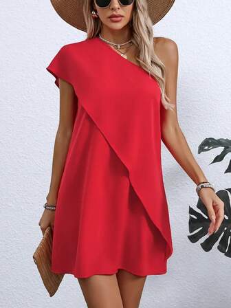 Lightweight Polyester Asymmetrical Open Shoulder Dress - Women's Fitted Style, Casual