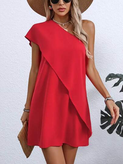 Lightweight Polyester Asymmetrical Open Shoulder Dress - Women's Fitted Style, Casual Elegant Summer Red