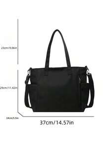 简约多口袋容量通勤女士手提包，休闲百搭布质单肩手提包，轻巧可折叠拉链开合，适合日常、工作、学校、大学生，适合女性或学生的艺术风格书包和书包，非常适合书籍、购物、返校等 - 黑色 - 查看 5