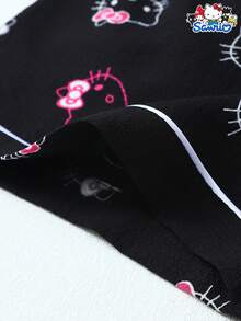 SANRIO 【居家绅士】女士两件套缎面翻领短袖纽扣口袋上衣和蝴蝶结短裤睡衣套装，春夏款，居家休闲服的理想之选 - 黑色 - 查看 7