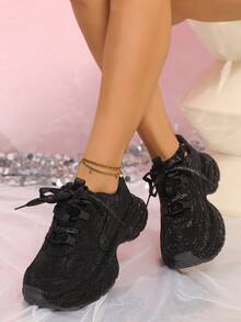 女士黑色水钻厚底运动鞋，2025 年春秋季时尚 Ins 风格增高休闲运动鞋 - 黑色 - 查看 4