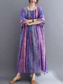 AZAH 2026春节新款女士波西米亚风优雅A字长裙，圆领短袖带口袋，梭织面料，休闲派对束腰晚礼服，夏季款 - Bold Plum - 查看 3