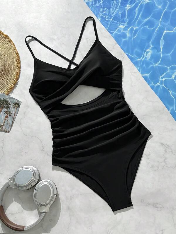 Solid Color V-Neck Crisscross Hollow Back Lace-Up High Elasticity Polyester Blend One Piece Swimsuit For Women, Full Coverage, Summer Beach/Pool Party Outfit