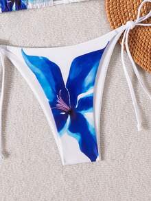 Women's Summer Floral Print Bikini Set With Tie Triangle Top And Side-Tie Triangle Bottom Vacation Beach White - White - View 4