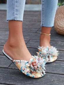 女士花卉印花仿珍珠装饰平底家居拖鞋，轻便舒适，适合室内/室外穿着，有淡蓝色、酒红色、黑色、金色花卉图案可供选择，时尚休闲优雅凉鞋 - 金色 - 查看 3