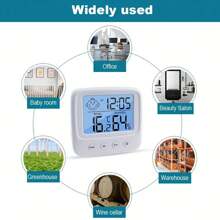Termómetro digital LCD grande y higrómetro con reloj - Monitor de temperatura y humedad preciso para cocina, dormitorio, oficina - Funciona con batería AAA, higrómetro para decoración del hogar, reloj digital, despertador