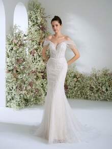 Elasola Classic Faux Pearl Embroidered Lace Off Shoulder White Train Wedding Dress For Lawn, Mermaid Party Evening Gowns, Bride