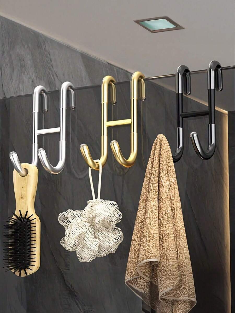 1pc Stainless Steel Towel Hook, Punch Free Bathroom Partition Hook, Heavy Duty Hook Rack For Robe, Towel, Over The Door Hook For Bathroom, Kitchen Multi-Scale Use, Bathroom Accessories