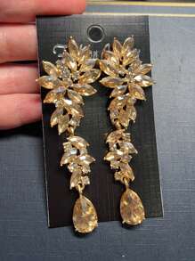 1 par de pendientes colgantes de lujo con cristal y strass con forma de hoja y gota de agua, adecuados para mujer en bodas, galas, actuaciones y accesorios de fiesta