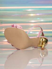 Sandalias de tacón alto de punta redonda con tira de tobillo, estampado floral y lazo de satén para mujer, para primavera/verano - Rosa - Ver 8