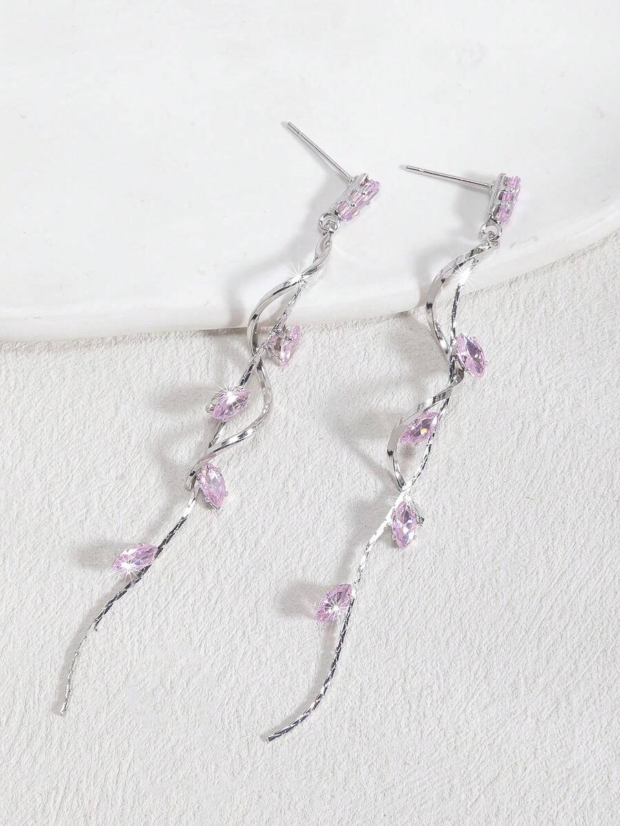 1 Cặp bông tai tua rua hình lá Zirconia sang trọng, ngôi sao, hình giọt nước, thích hợp cho trang phục hàng ngày của phụ nữ, đám cưới, sự kiện trang trọng, có sẵn màu trắng, đen, hồng, xanh lá cây, xanh lam, nhiều màu - Kim cương hồng bạc - Xem 1