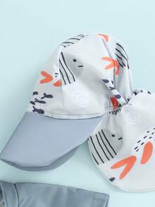 Trajes de baño para bebés de 0 a 5 años con protección contra erupciones y gorro de baño, estampado de peces de dibujos animados, de manga corta y con cremallera, ropa de playa - Gris Claro - Ver 4