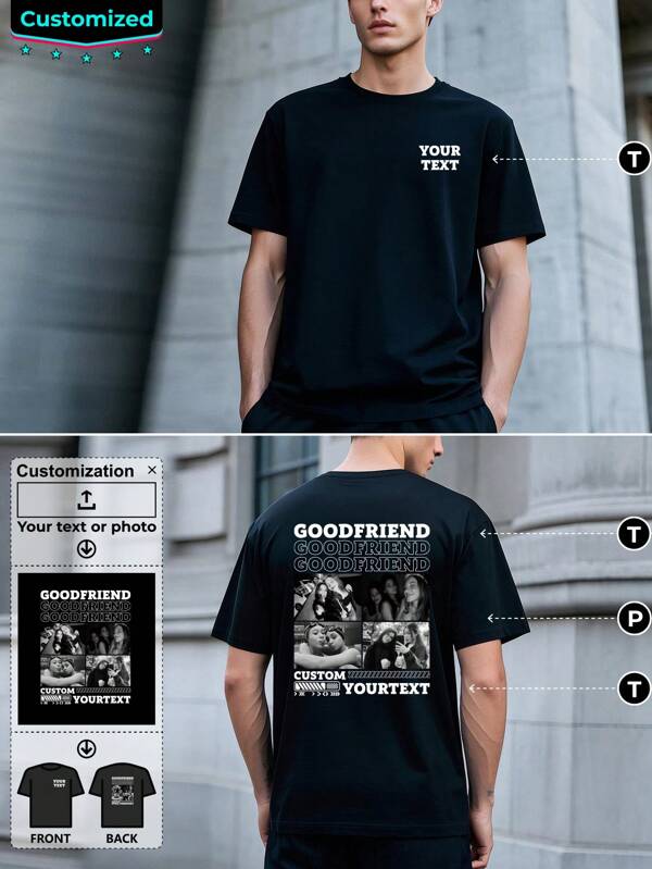 Personaliza una camiseta de hombre con una imagen y texto. Agrega texto en el pecho izquierdo y una combinación de texto y un diseño en la espalda. Es un regalo de vacaciones.