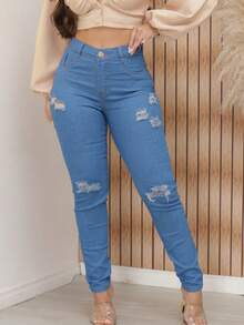 Women's Skinny High Waist Jeans With Lycra Basic Butt Lift Effect - Light Wash Ripped - View 1
