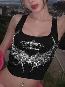 Women's Summer Rhinestone Wings & Crown Print Round Neck Casual Tank Top Black - Black - View 2