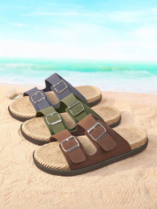 Summer Men Beach Sandals, Fashion Casual Indoor Slippers With Double Buckle, Adjustable Strap, Multi-Color Available
