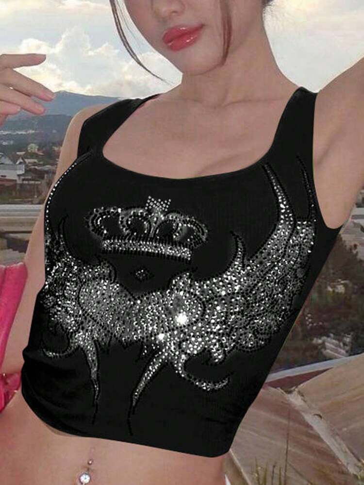 Débardeur décontracté d'été pour femmes avec imprimé ailes et couronne en strass, col rond