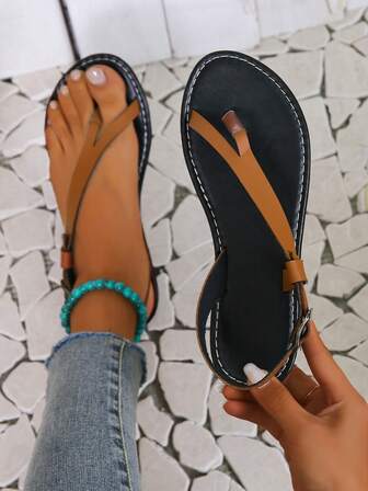 New Fashion Flat Slide Sandals, Strap Buckle Thong Design Cutout Side Strap Women Slippers