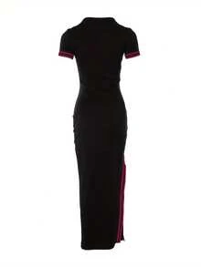 女士时尚玫瑰印花侧开衩修身休闲连衣裙