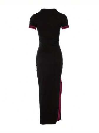 Women's Fashion Rose Print Side Slit Slim Fit Casual Dress