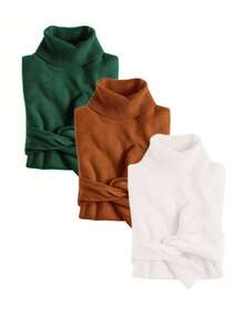 MF Kit 3 Basic Women's Knitted Blouse High Neck Cacharrel Sweater - MILITAR/BRONZE/BRANCO - 查看 1