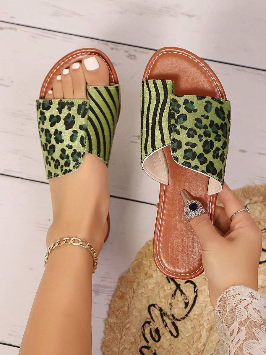 2双装豹纹女士休闲沙滩人字拖，时尚平底凉鞋，舒适度假拖鞋