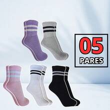 Women's Cotton Socks 05 Pairs With Stripes Mid-Calf - 彩色 - 查看 5