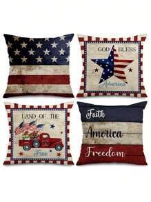 4pcs/1pc Independence Day Pillowcase, American Independence Day Decorative Pillow Cover, Red, White, Blue Striped Design, Pentagram, Truck, Flower Pattern Design, Used For Party Decoration In Living Rooms, Sofas, And Bedrooms | 18x18 Inches | Zipper Closure | Soft And Comfortable Fabric - Durable, Fade Resistant, Machine Washable, Suitable For Independence Day Gifts, Independence Day Decorations, And Home Decor. No Pillow Core