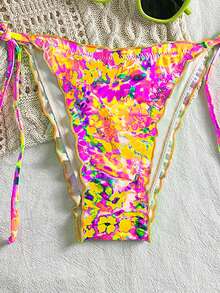 2 sztuki damskiego stroju plażowego 2025 Bikini Set, poliester z żywym nadrukiem, falbana, wiązanie typu halter, seksowny sportowy wygląd