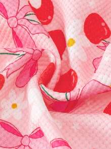 Cute Baby Girl Cherry Print Ruffled Edge Romper, Adorable Pink,Perfect Gift For Baby