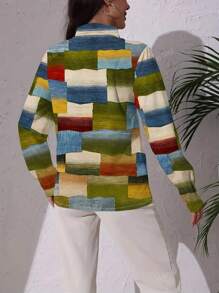 Tricou damă cu imprimeu geometric, cu un singur nasture, casual, lejer, cu mânecă rulată