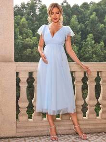 Joyfunear Đầm bầu tay bèo cổ chữ V màu trơn cho bà bầu - Màu xanh nhạt - Xem 6