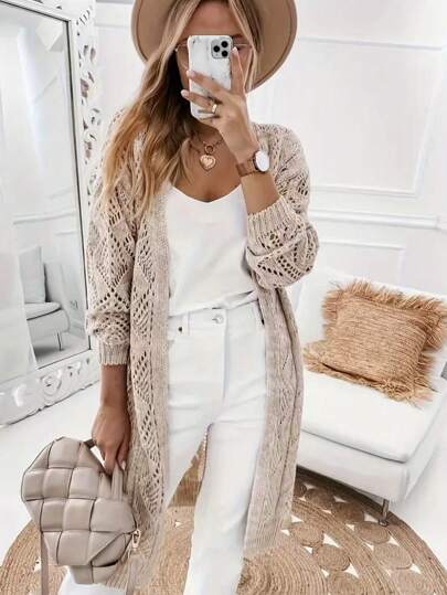 Casual Long Sleeve Solid Pointelle Knitted Cardigan - Button Front - Women's Clothing