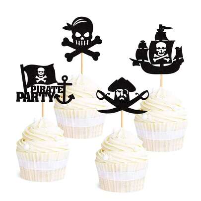 24pcs Skull Head, Rudder, Pirate 8pcs Surfing Sports Cake Toppers, Life Buoy, Rudder, Sailboat, Anchor, Nautical Theme Party Cake Decorations