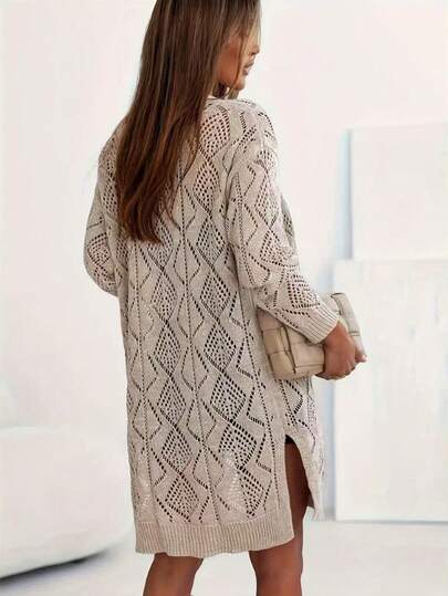 Women's Casual Long Sleeve Solid Color Hollow Out Knit Cardigan - Button Front Spring