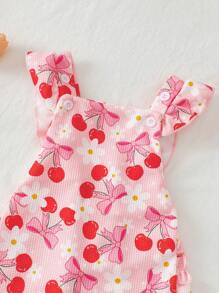 Cute Baby Girl Cherry Print Ruffled Edge Romper, Adorable Pink,Perfect Gift For Baby