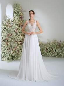 Elasola 雪纺双V领撞色蕾丝优雅正式晚礼服，适合毕业典礼、晚宴、新娘装、情人节等场合。 - 白色 - 查看 5