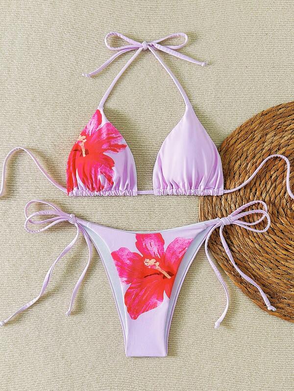 Damen Bikini-Set mit Blume Muster, Dreiecksform Top mit Bindeband und Unterteil mit Bindeseiten, Sommer