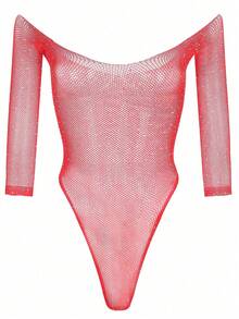 Un encantador y sexy biquini de una pieza con mangas largas y cristales brillantes que se puede usar como capa interior y exterior. Es la primera opción para el estilo personalizado de las mujeres y es un artículo imprescindible para viajar. Es adecuado para eventos elegantes, festivales de música, trajes de baño y diversas ocasiones. Es una lencería personalizada muy llamativa para mujeres. - Rojo - Ver 8