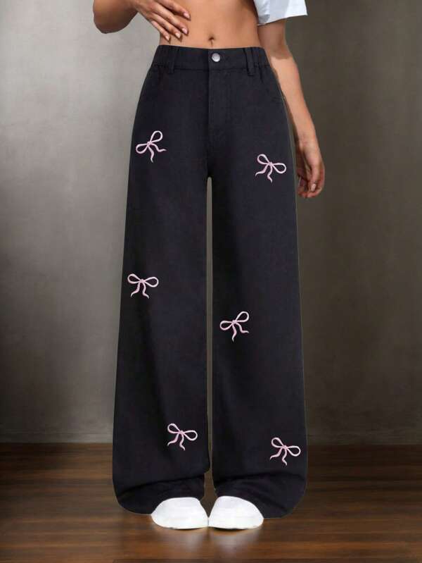 Casual, veelzijdige, wijde broek voor dames met elastische taille, effen denim broek met borduursel