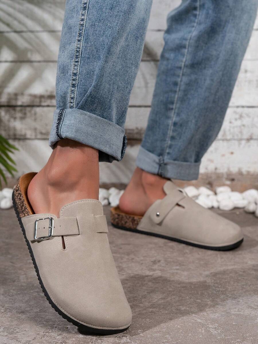 Men's Plain Color Suede Slip-On Flat Mule Slippers, Suitable For All Seasons, Solid Wood Sole