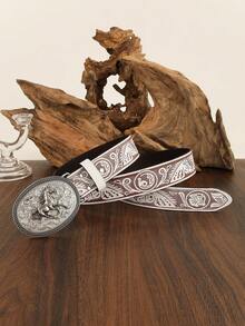 1pc White Casual Western Cowboy Belt, Printed Design, PU Leather, Rivets, Fashion Accessory For Jeans - Multicolor - View 7