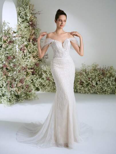 Classic Faux Pearl Embroidered Lace Off Shoulder White Train Wedding Dress For Lawn, Mermaid Party Evening Gowns, Bride