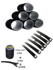 Juego De 6 Piezas De Rolos De Cabello De 3,5cm De Diámetro + 6 Piezas De Clips De Cabello, Autoadhesivos Y Sin Calor, Adecuados Para Uso Diario, Cabello Corto Y Flequillo Para Crear Cabello Rizado Y Voluminoso - Negro - Ver 2