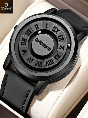  BINBOND 男士石英表 顶级奢华磁悬浮镂空设计皮革表带防水男士石英表