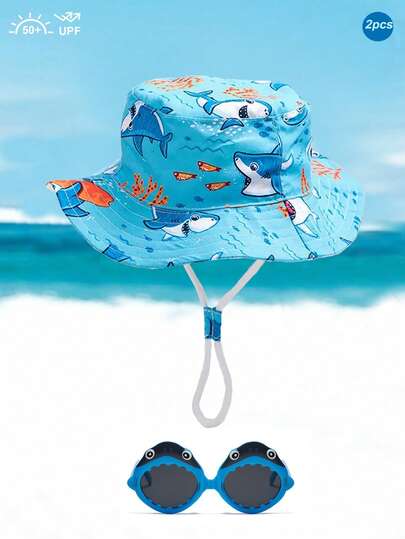 2 件鲨鱼印花婴儿太阳帽，3 种尺寸可选，男女通用防晒渔夫帽和眼镜，适合海滩、钓鱼等。